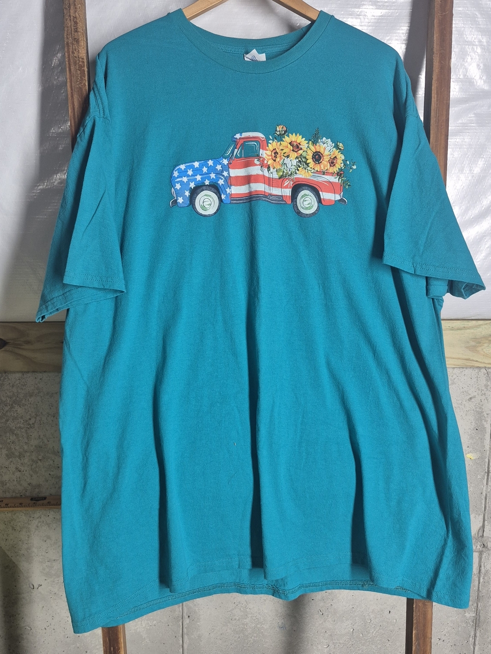 Delta Teal Short-Sleeve Tee with Patriotic Truck and Sunflowers